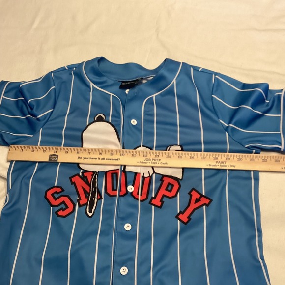 Peanuts Snoopy Baseball Jersey Blue Pinstripe Button Up Short Sleeve Small 50 - Picture 6 of 9